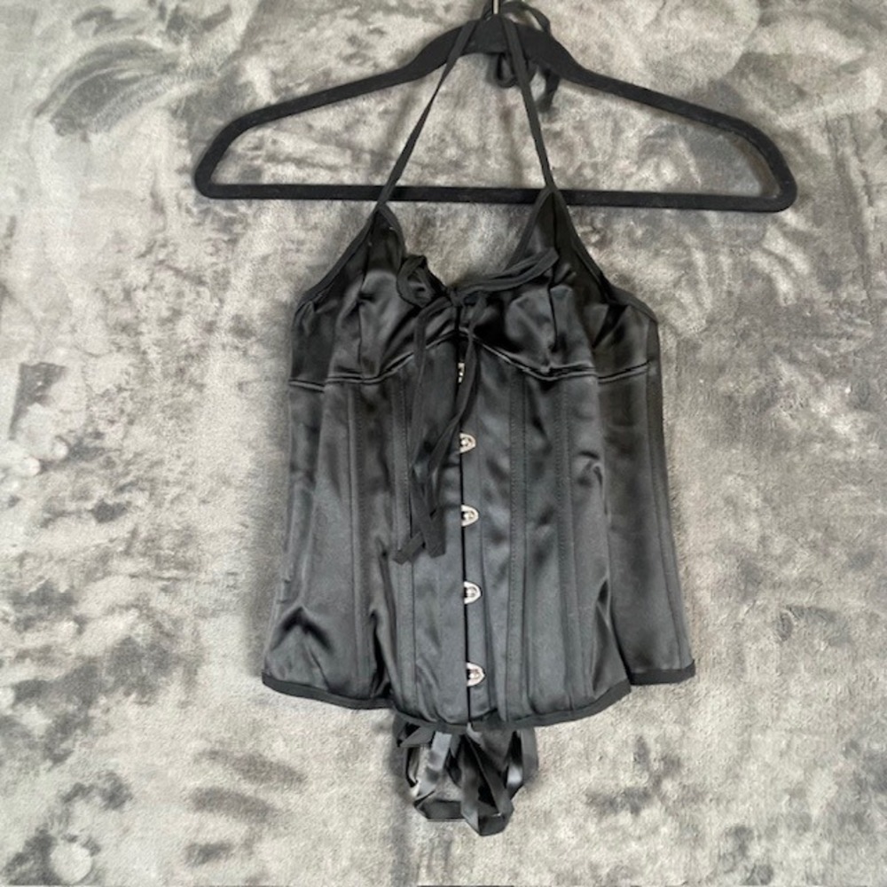 Black Satin Halter Neck Corset Top Lace Up Back Busk Front XS